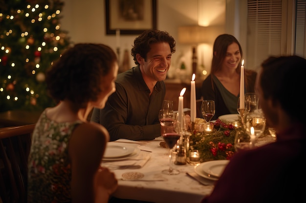 Familia de tomas medianas celebrando la Navidad en casa