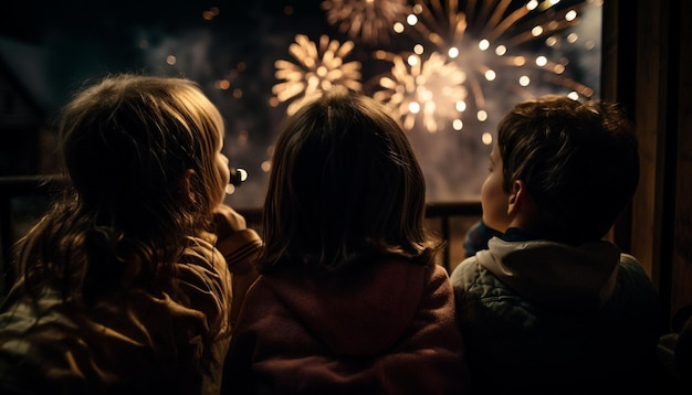 Familias abrazándose bajo el fuego navideño y las luces generadas por IA