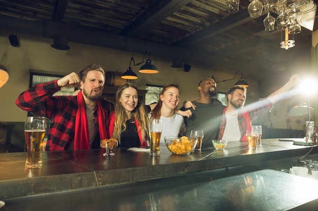 Fanáticos del deporte que animan en el bar, pub y beben cerveza mientras el campeonato, la competencia continúa