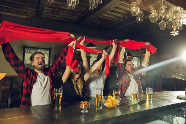 Fanáticos del deporte que animan en el bar, pub y beben cerveza mientras el campeonato, la competencia continúa