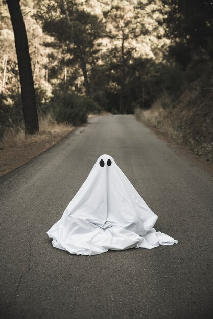 Fantasma sentado en el camino rural