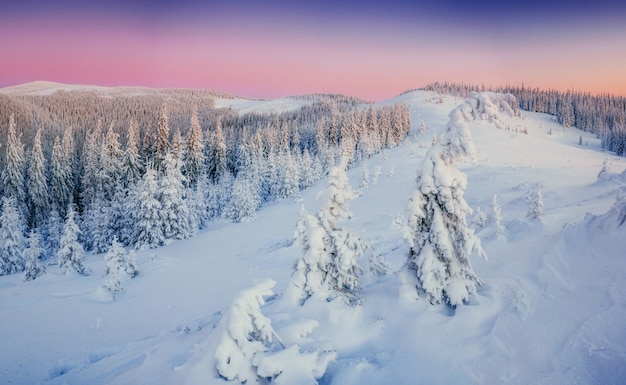 Fantástico paisaje de invierno en las montañas. Mágico atardecer en un