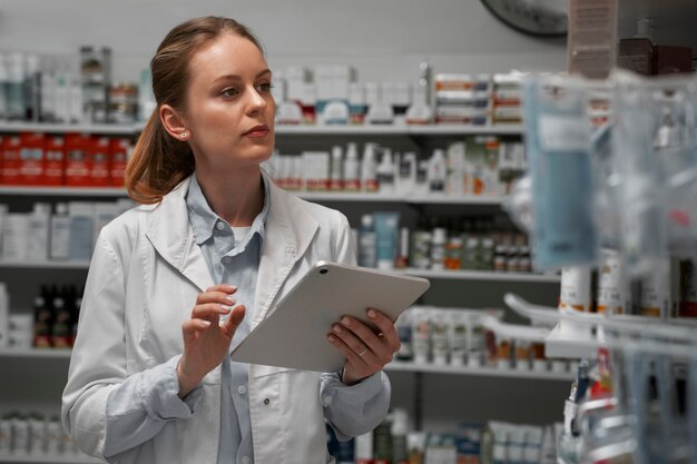 Farmacéutica con mesa comprobando stock en farmacia