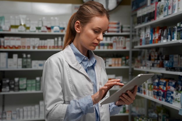 Farmacéutica con mesa comprobando stock en farmacia