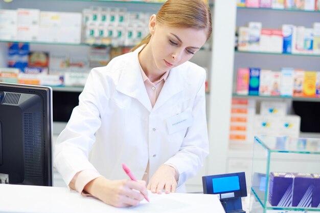 Farmacéutico femenino haciendo tareas diarias