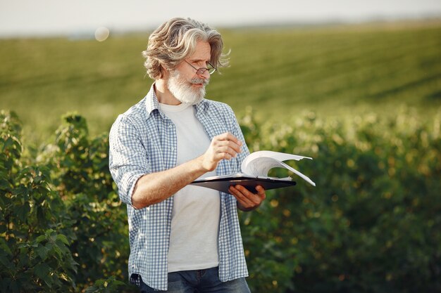 Farmer examina el campo. Agrónomo o agricultor examina el crecimiento del trigo.