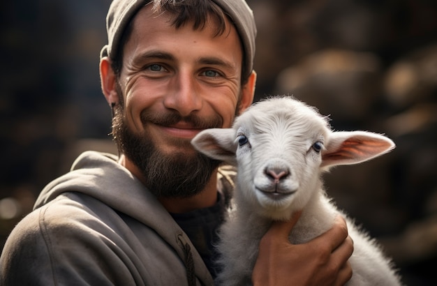 Foto gratuita farmer taking care of goat farm