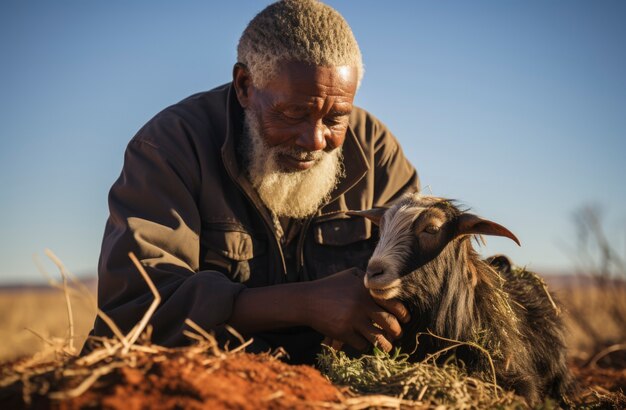 Foto gratuita farmer taking care of goat farm