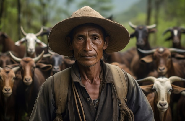 Foto gratuita farmer taking care of photorealistic goat farm