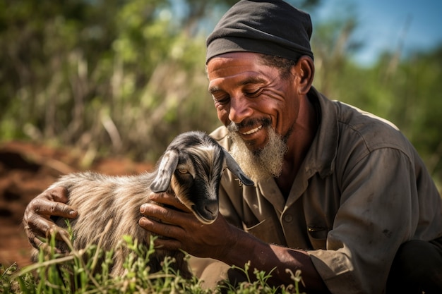 Foto gratuita farmer taking care of photorealistic goat farm