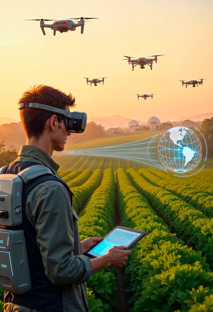 Foto gratuito farmer using vr and drones for smart farming