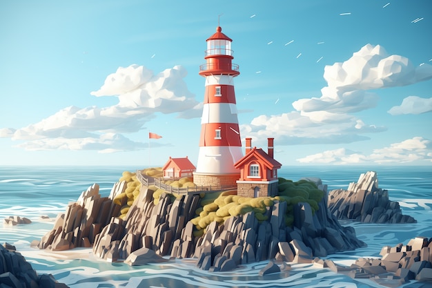 Faro en 3D con paisaje marino