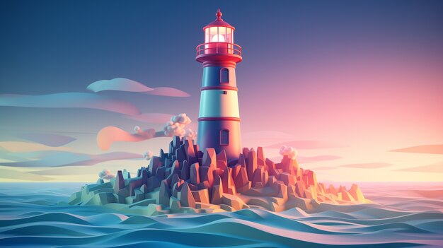 Faro en 3D con paisaje marino