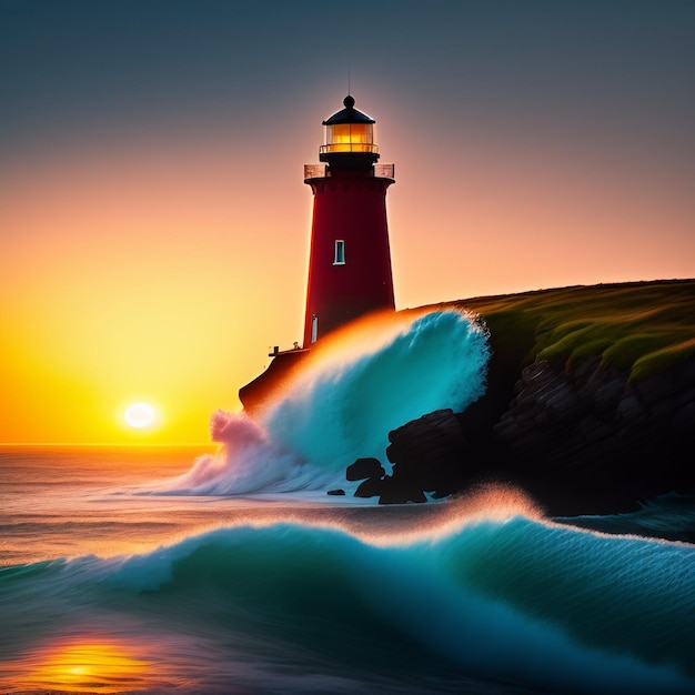 Foto gratuita un faro está en un acantilado con una ola rompiendo en el agua.