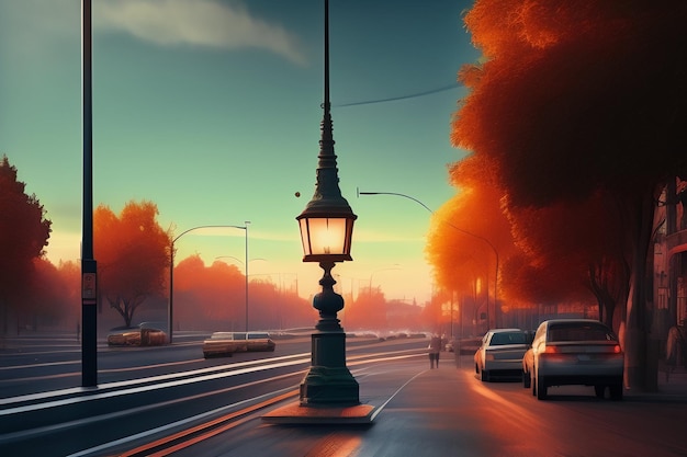 Foto gratuita una farola en una calle con una puesta de sol al fondo.
