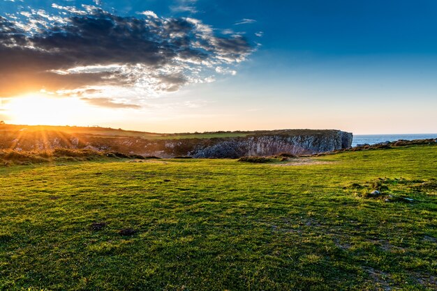 Fascinante vista de los campos cerca del océano durante el amanecer