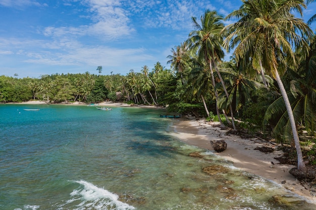 Fascinante vista de la costa con arena blanca y agua cristalina turquesa en Indonesia