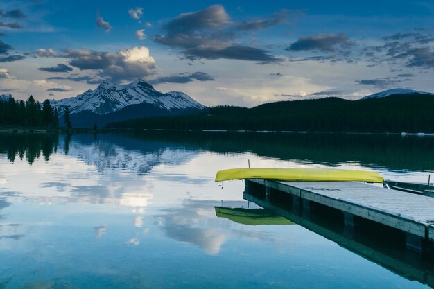 Fascinante vista del muelle cerca del lago rodeado de exuberante naturaleza y las montañas