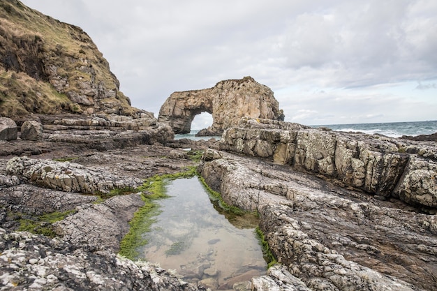 Fascinante vista de rocas en la orilla de un océano en un día nublado