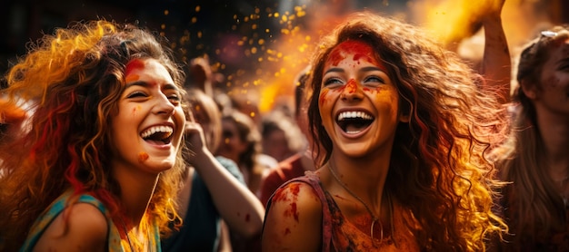 Felices amigas riendo en una nube de colorido polvo naranja durante el festival de Holi una vez