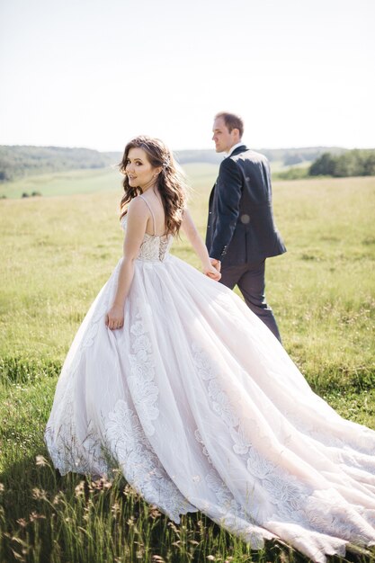 Felices novias están caminando por el campo en verano