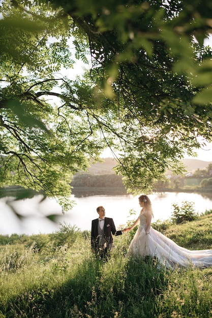 Felices novias están caminando por el campo