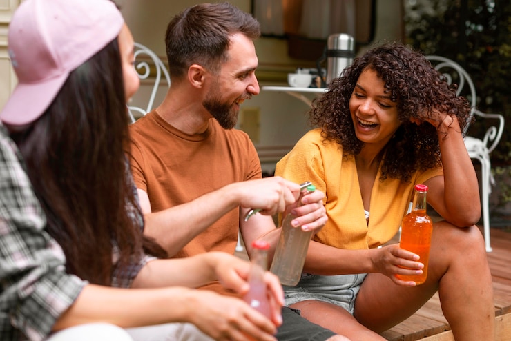 Foto gratuito felices tres amigos hablando