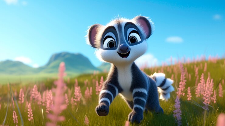 Foto gratuito feliz animal de dibujos animados en 3d al aire libre en la pradera