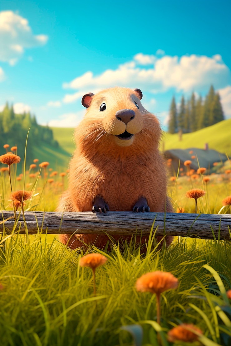 Foto gratuito feliz animal de dibujos animados en 3d al aire libre en la pradera