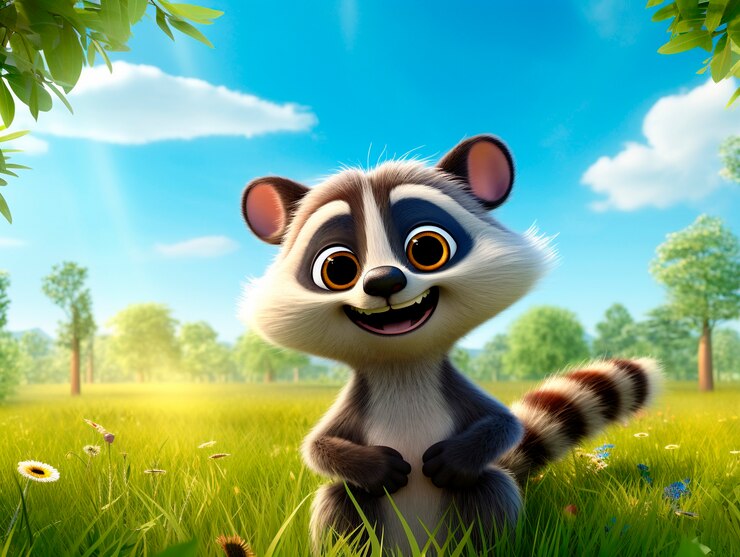 Foto gratuito feliz animal de dibujos animados en 3d al aire libre en la pradera