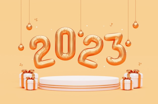 Feliz año nuevo 2023 podio números dorados saludo celebración banner fondo aislado para colocación de productos representación 3d