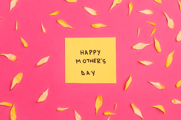 Feliz día de la madre título en papel entre pétalos de flores.