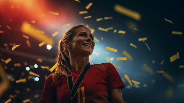 Feliz futbolista español con medalla celebrando la victoria