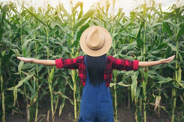 Feliz granjero en el campo de maíz