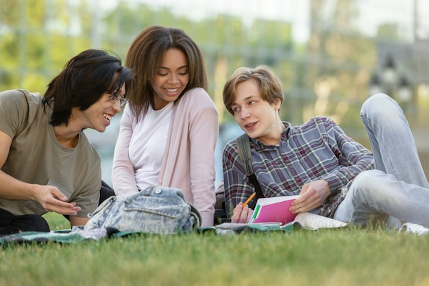 Feliz grupo de estudiantes multiétnicos que estudian al aire libre