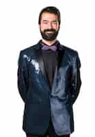 Foto gratuita feliz hombre guapo con chaqueta de lentejuelas
