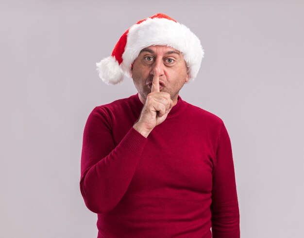 Feliz hombre de mediana edad vestido con gorro de Papá Noel de Navidad haciendo gesto de silencio con el dedo índice en los labios de pie sobre la pared blanca