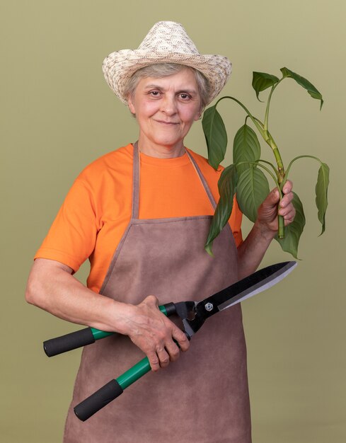 Feliz jardinero anciana vistiendo sombrero de jardinería sosteniendo tijeras de jardinería y rama de planta