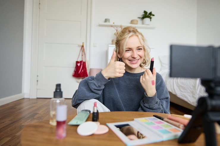 Foto gratuito feliz joven creadora de contenido mujer mostrando lápiz labial grabando estilo de vida belleza vlog en cámara digital