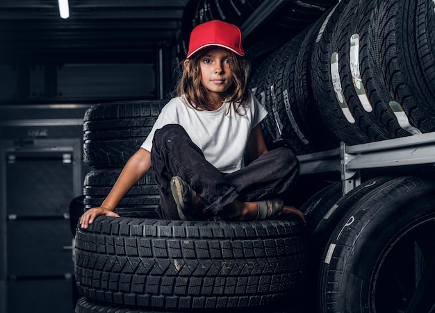 Feliz niña sonriente con gorra está sentada sobre neumáticos en el almacén de neumáticos oscuros.