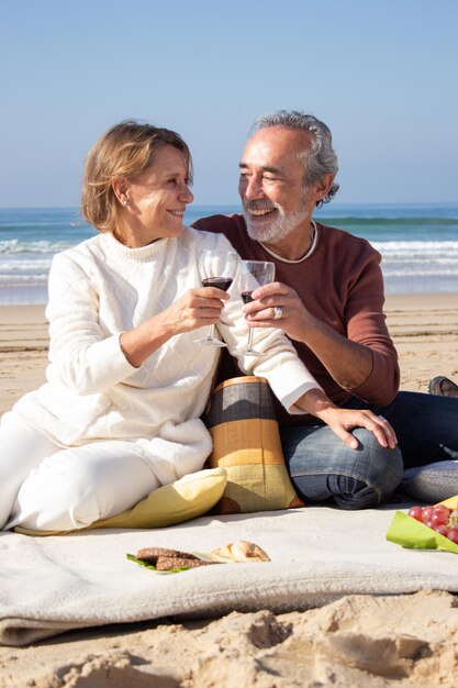 Feliz pareja senior disfrutando de un picnic a la orilla del mar en una tarde soleada. Mujer rubia sonriente y hombre canoso barbudo sentado cerca de una manta y vasos tintineantes con vino. Amor, concepto de romance