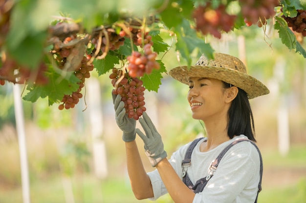 Feliz sonriente alegre viñedo femenino vistiendo un mono y un vestido de granja sombrero de paja