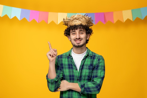 Festa junina chico lindo joven en sombrero de paja y banderas de colores festival brasileño apuntando hacia arriba