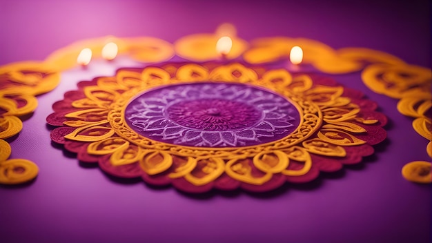 Festival indio Diwali Diya lámparas encendidas en coloridos rangoli tradicionales hindúes