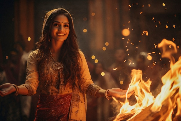 Festival de lohri fotorrealista con una mujer celebrando