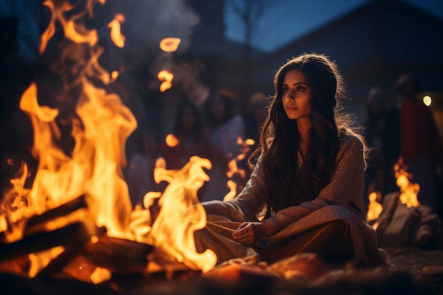 Foto gratuita festival de lohri fotorrealista con una mujer celebrando