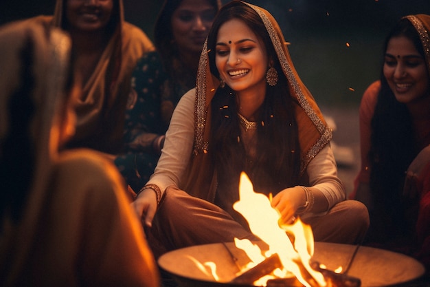 Foto gratuita festival de lohri fotorrealista con una mujer celebrando