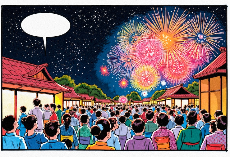 Festival nocturno japonés con fuegos artificiales