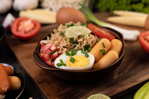 Foto gratuita fideos instantáneos con carne de cerdo picada, lima, cebolla, guisantes, champiñones dorados y maíz tierno