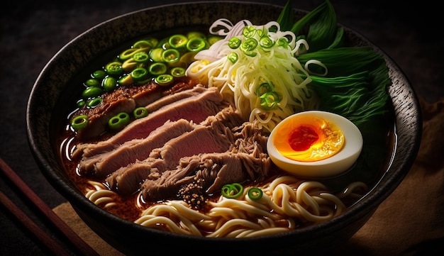 Fideos de ramen de cerdo fresco en un tazón de vajilla oscura IA generativa